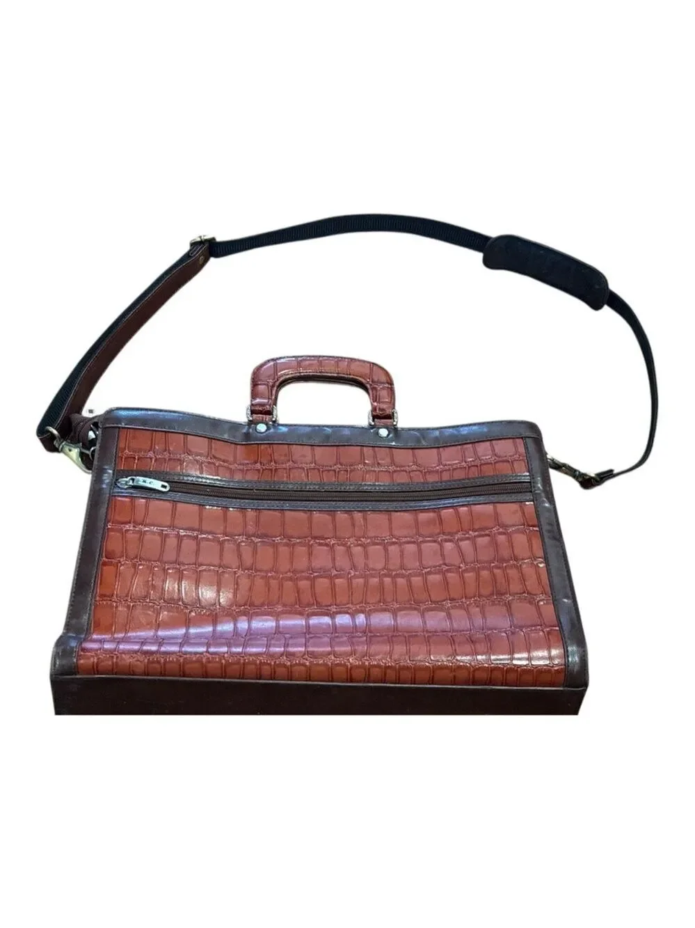 90s MARC CHANTEL BROWN CROCODILE-EMBOSSED & LEATHER TRIM CASE EMBOSSED HARDWARE